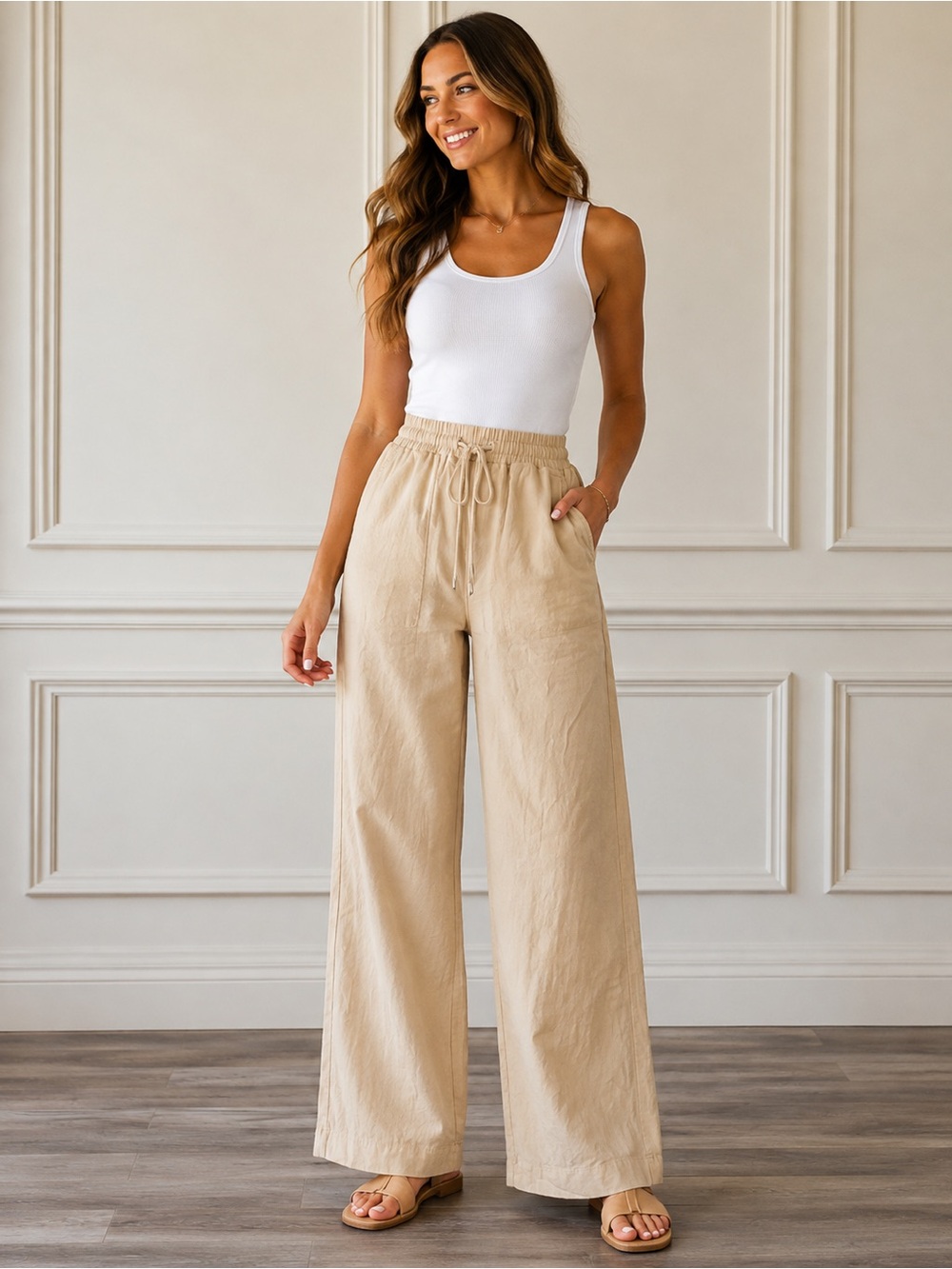 SHEIN Beige Wide-Leg Drawstring Pants